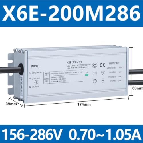 Controlador LED X6E-200M286 con rango de 156-286V y ajuste de corriente de 0,70-1,05 A 2