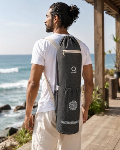 Image of O2 Yoga Mat Bag | Cotton Yoga Mat Carry Bag with Adjustable Double Straps | Yoga Mat Cover Bag for Women & Men | Fits 2mm-10mm Mats - Charcoal Mandala Block Print