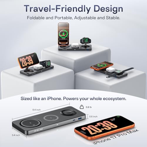 Image of AC ISLAND 5-in-1 Wireless Charger for MagSafe, 25W Foldable Magnetic Stand, Qi2.2 Travel Charging Station for iPhone 17-12 & Air Series, Apple Watch, AirPods, with 65W GaN Adapter, Samsung Galaxy