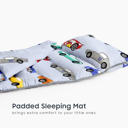 Image of Wake In Cloud - Toddler Nap Mat with Pillow and Blanket, for Kids Boys Ages 3 Plus in Kindergarten Daycare Preschool, Roll Up Sleeping Bag, Race Cars Vehicles