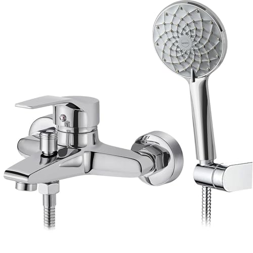 Sumeber Robinet de baignoire avec douchette - Sortie de douche 1/2 - Corps en laiton de qualité supérieure et robinet de douche résistant aux rayures, facile à nettoyer - Facile à installer - Chromé