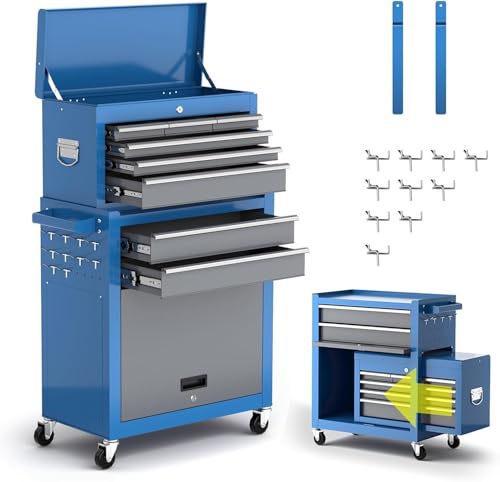 AIRAJ Werkstattwagen mit 8 Schubladen,2-in-1 Herausnehmbare Werkstattwagen mit Schlüssel/Kugelführung/2 Räder mit Feststellbremse/Seitenplatte und Haken, Geeignet für Garagen, Werkstätten, etc