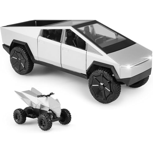 TOPRON Tesla Cybertruck-Modellauto: 1:24 Spielzeug-Trucks aus Druckgussmetall mit Licht und Ton, Mini-Fahrzeugspielzeug für Jungen ab 3 Jahren(Silber, Ausgestattet mit Strandmotorrad)