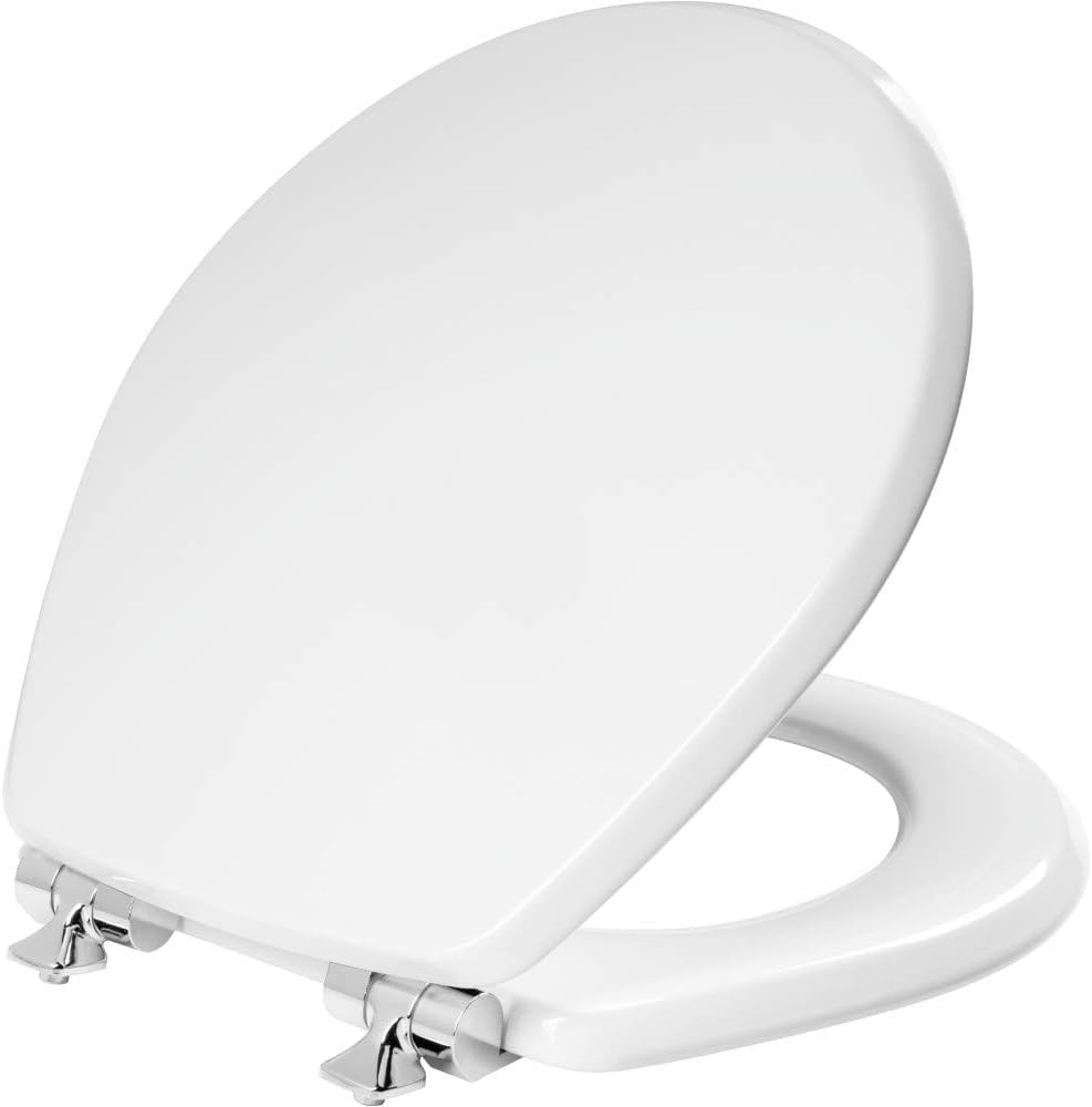 Plexon Toilet Seat with Chrome Hinges, Slow Close Wood Seat, Secure Metal Hinges, Easy Install, 1 Pack Round, White