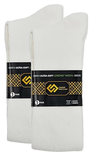 Men's Over The Calf MODAL ULTRA SOFT Dress Socks, Seamless Toe, Ribbed, OTC Length Socks (White OTC Ribbed 2 Pair)2