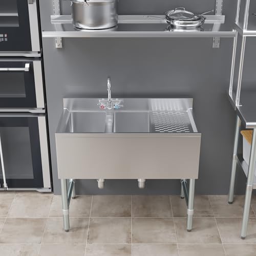 Image of AmGood 36 in. x 19 in. Two Compartment Under Bar Sink With 12 in. Right Drainboard | Stainless Steel Commercial Two Bowls Underbar Sink NSF.