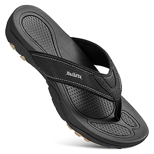 HAOLIRA Mens Leather Flip Flops with Arch Support Comfortable Cushion Thong Sandals Lightweight Waterproof Outdoor Summer Beach Pool Shoes