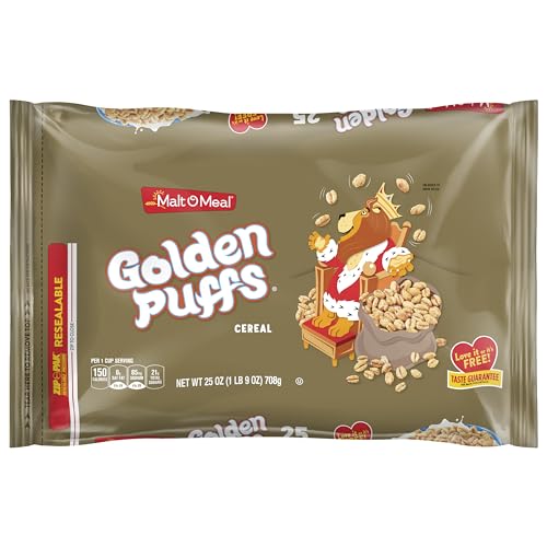 Malt-O-Meal Golden Puffs Breakfast Cereal, Sweetened Puffed Wheat Cereal, Bulk Family Size Cereal, 25 OZ Resealable Cereal Bag