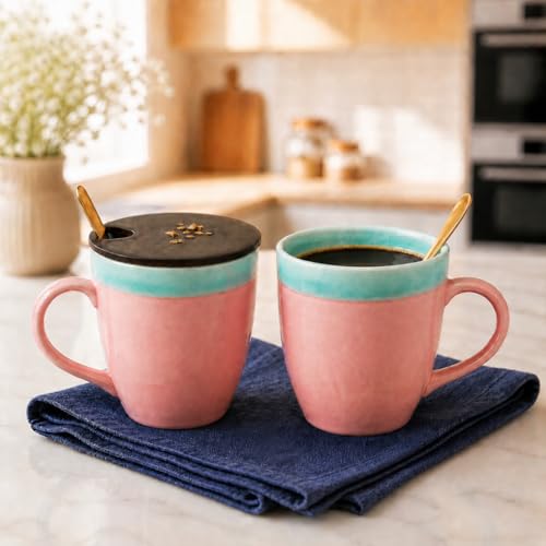 Image of The Earth Store Pink Green Flow Coffee Mug with Lid and Spoon Set of 2 | 340ML Ceramic Coffee Mugs Set of 2 | Resin Art Wooden Lid & Golden Spoon | Premium Coffee Mugs for Gift