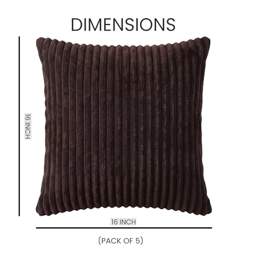Image of Yellow Weaves Pencil-Stripe Fur Cushion Covers | Soft Polyester | Decorative Sofa & Throw Pillow Covers | 16x16 Inches, Pack of 5 (Coffee)