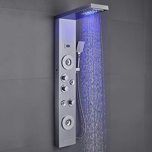 Rovogo Shower Panel With Led Rainfall Waterfall Shower, 4 Mist Jets, 2 Body Sprays, Handheld And Waterfall Tub Spout, Shower Tower System With Temperature Display, Stainless Steel Brushed #TOP15