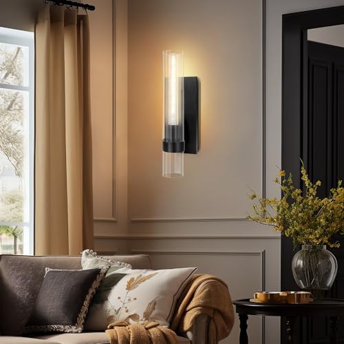 Image of Wall Sconces Set of Two, 18 inch Black Bathroom Sconces with Clear Glass, Hardwired Modern Sconces Wall Decor Set of 2 Wall Light Fixtures for Bathroom Bedroom Living Room Mirror Hallway