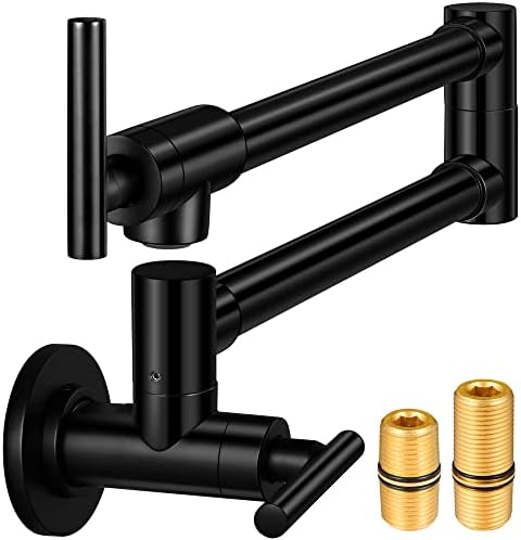 Pot Filler Faucet Wall Mount, 26 Inch Solid Brass Pot Filler, 4 GPM Kitchen Folding Faucet with Double Joint Swing Arms, Single Hole Two Handles Matte Black Pot Fillers