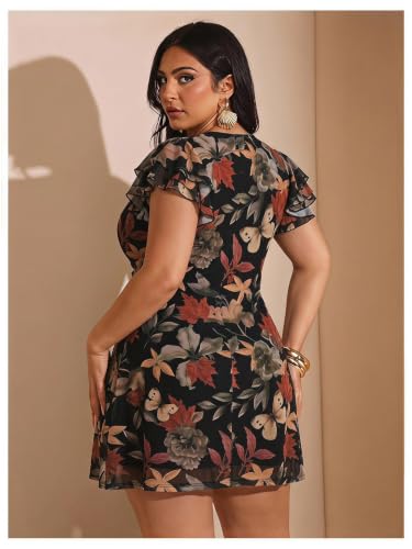 Image of BEAUDRM Women's Plus Size Cocktail Floral Short Dress Deep V Ruffle Short Sleeve Bodycon Mesh Wedding Guest Party Dresses