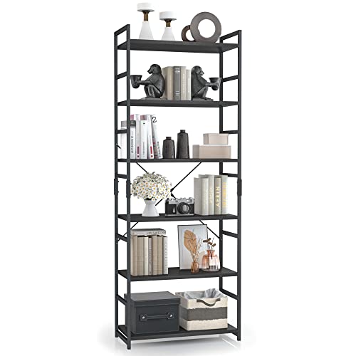 OTK 6 Tier Adjustable Bookshelf, Tall Bookcase, Office Shelf Storage Organizer, Modern Book Shelf for Living Room, Bedroom, and Home Office, Black