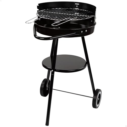 Aktive 52802   Barbacoa carbón portátil Ø42x76,5 cm Redonda, 3 alturas regulables, 2 ruedas para facilitar el transporte, Montaje rápido y fácil, Parrilla con dos mangos extraíbles