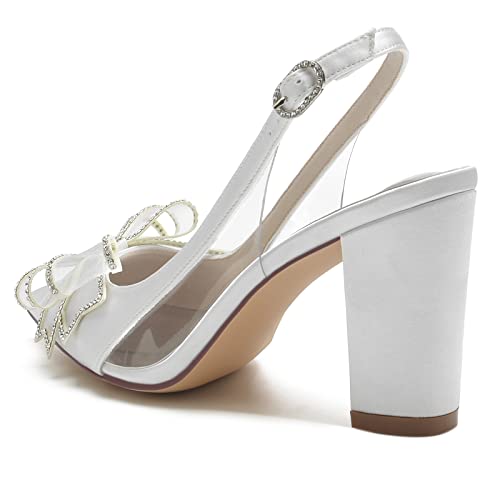 Women's Pointed Toe Wedding Shoes for Bride Block Heels Slingback Ankle Strap Satin Bridal Shoes High Heels Prom Party Dress Shoes Pumps4
