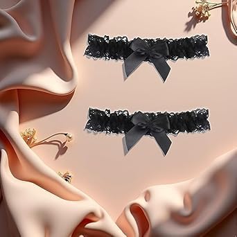 2pc Black Garter Belt with Bowknot, Bridal for Bride Classic Handmade Stretch Toss Party Accessories for Women Girls