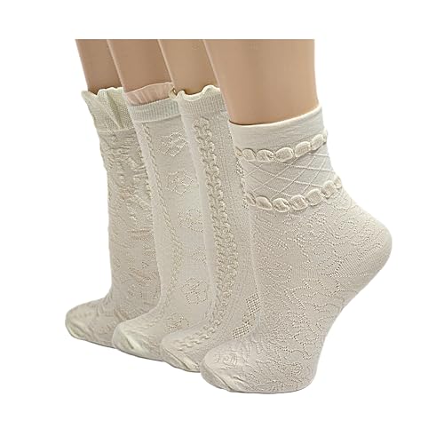 Opa! 4 Pairs Ivory White Cute Socks, Women's Lace Ruffles Ankle Casual Sock, Cottagecore Breathable Mid Tube Socks, Floral Crew Socks