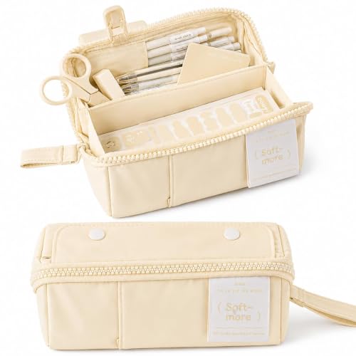 Image of Invite Multi-Functional Soft Pencil Case for Girls | Large Capacity Zipper Pouch with Multiple Compartments | Aesthetic Stationery Organizer for School, College & Office (Soft More Yellow)
