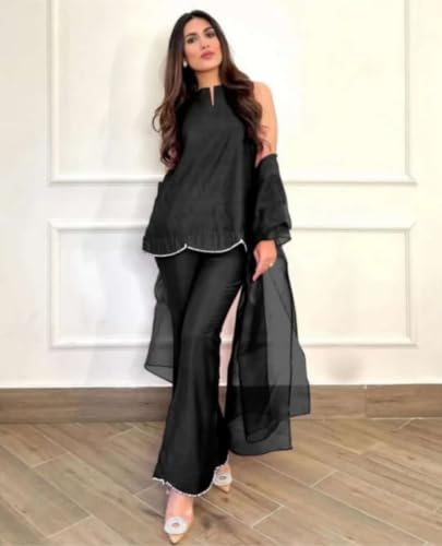 Image of Pearl Embroidered Solid Kurta Palazzo Set|Indo Western Party Outfit with Organza Net Dupatta|Sleeveless Kurti for Women