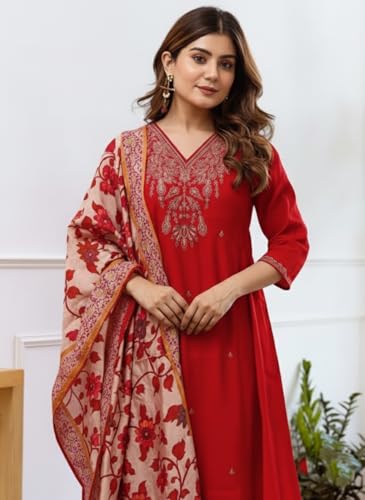 Image of KLOSIA Women Embroidery Straight Kurta and Pant Set with Dupataa
