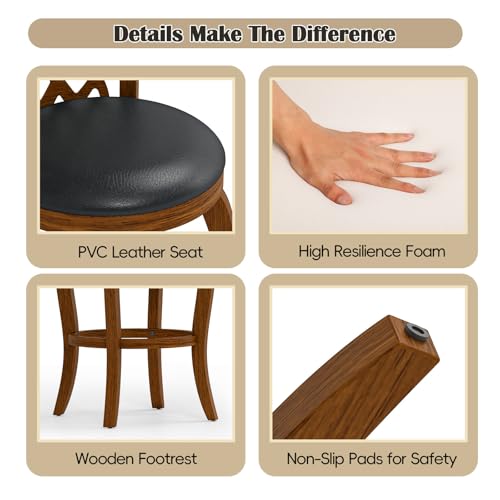 Image of 29 inch Bar Stools Set of 2, Bar Height Swivel for Kitchen Island, Farmhouse Barstool Counter Chair with Back and Footrest, Upholstered Wood Barstools, Brown