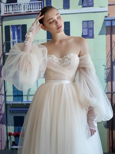 Strapless Tulle Prom Dresses Long Formal Evening Gowns with Puffy Sleeves Off Shoulder Wedding Dress3
