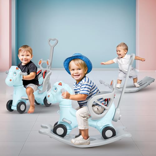 BAYBEE Raffy 3 In 1 Baby Rocking Horse For Kids,Push Ride On Toy Kids Car With Push Handle,Balance Board,Safety Guardrail,Baby Rocker For Babies,Rocking Chair For Toddlers 1-3 Years Boys Girls,Blue