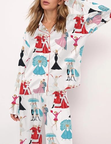 Satin Silk Christmas Pajamas Set for Women Cute Santa Claus Pjs Button Up Shirt+Pants 2 Piece Xmas Jammies3