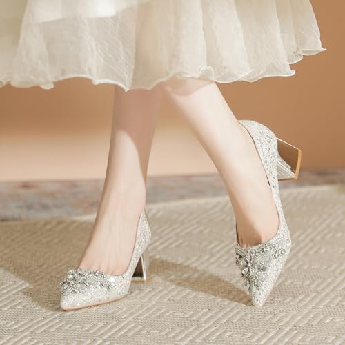 Women's Sequined Closed Pointed Toe Chunky Heel Pumps Comfortable Mid Block Heel Slip-On Dress Shoes for Party Date Prom Wedding4
