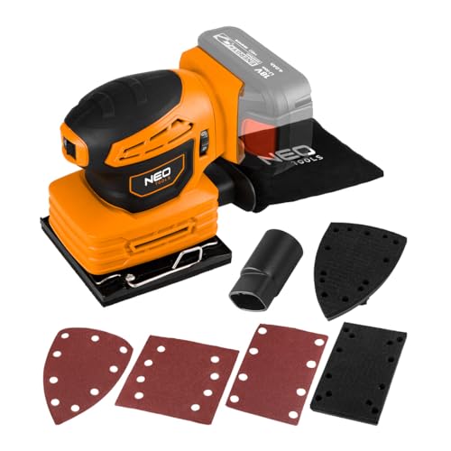 NEO TOOLS Lijadora múltiple 3 en 1, sistema profesional de 18 V sin batería, lijadora excéntrica, depósito de polvo, pies cuadrados, pie rectangular, pie delta, 3 unidades de papel de lija con grano