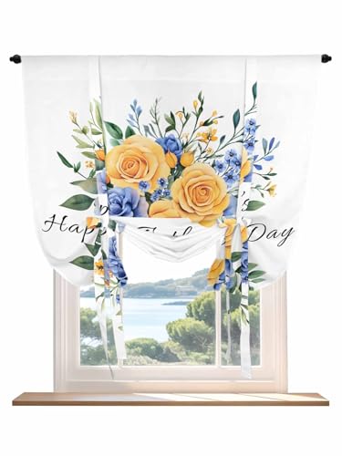 Tie Up Curtains for Windows Happy Father's Day Roman Shade 42 x 63 Inch Bathroom Curtains Window Floral Eucalyptus Leaves Botanical Rod Pocket Short Balloon Curtains for Living Room Kitchen Blinds