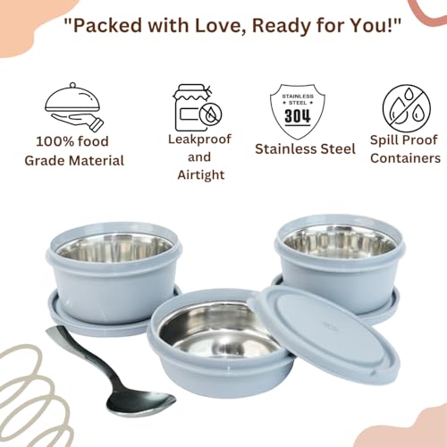 Image of KOI Insulated Lunch Box Set | 3 Inside Steel Containers (290ml, 450ml, 600ml) with BPA Free Lids | Leakproof Microwave Safe Tiffin | Adjustable Shoulder Strap Lunch Bag for Office Travel Use (Grey)