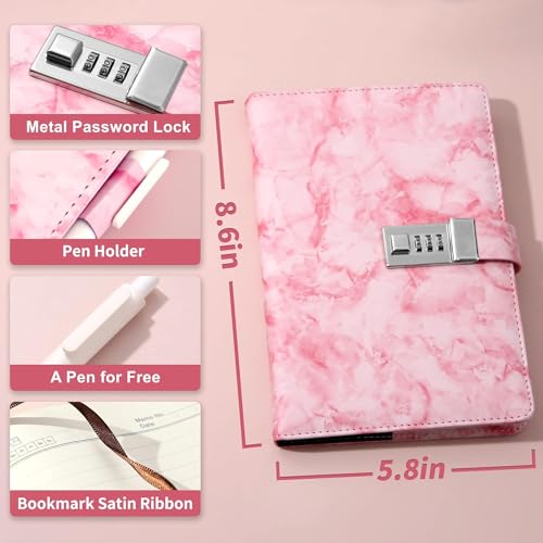 Image of TRENDING Diary with Lock, A5 Waterproof Journal with Lock, Vintage Lock Journal Password Protected Notebook & Gift Box, Lock Diary Planner Organizer for Men and Women, Travel Notebook (Pink)