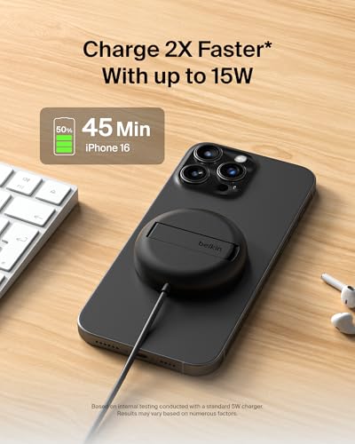 Image of Belkin Magnetic Wireless Charging Pad Qi2 15W w /Kickstand - MagSafe-Compatible Qi2-Certified Wireless Charger for iPhone 17, Samsung Galaxy S25, AirPods, & More w /Power Supply Included - Black