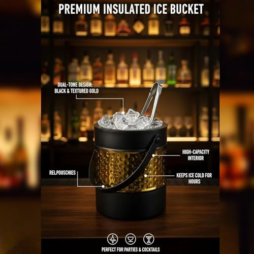 Image of FINALITY Stainless Steel Double Walled Insulated Ice Bucket with Lid with Tong and V Peg Measure, 1.5 Liter| (Black with Gold Hammered IB+Tong+Peg Measure)