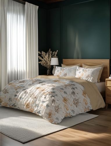 Image of LANE LINEN 400TC Morrison Bloom Super King Size Bedsheet with 4 Pillow Cases | 100% Cotton Digital Print Bedding Set (2.74 M x 2.74 M) | Modern Floral Pattern for Luxurious Comfort (Brown White)