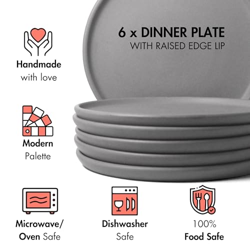 Image of Ceramic Dinner Plates, 6 Pcs | Rim Plate for Easy Eating | Microwave, Oven, Dishwasher Safe | Set of 6 Ceramic Plates for Dinner | Handmade | (Pebble Grey, Set of 6 Dinner Plates)