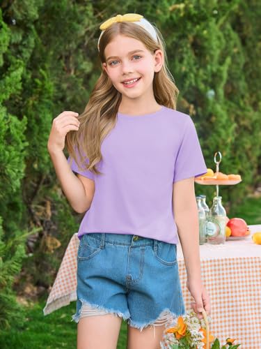Image of Haloumoning Girls Summer Short Sleeve Shirt Kids Crewneck Curve Hem Soft Tunic Tops T-Shirts 5-14 Years