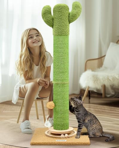 Globlazer Palo Tiragraffi Cactus Verde XXL, Colonne Tiragraffi Grandi Alto 94cm con Trackball Legno Peluche Giocattoli Stabil Base 11CM Palo Tiragraffi Sisal per Gatti Giocare Graffiare (SC37, Verde)