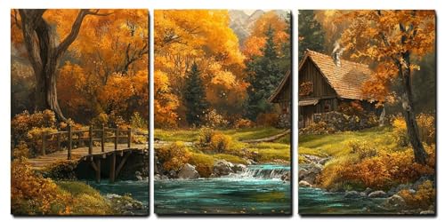Tableau sur Toile Automne Oujkeef Lot de 3 Décoration Murale Jungle 55x80cm avec Cadre