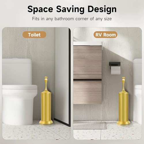 Image of Brass Toilet Brush and Holder,Extra Long Handled Gold Toilet Brush for Bathroom,Stainless Steel Heavy Duty Toilet Bowl Brush,Deep Cleaning Modern Toilet Cleaner Brush -Space Saving, Covered Brush