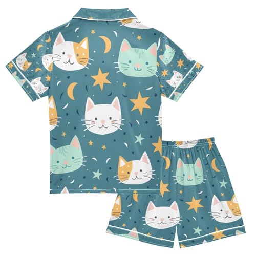 senya Cute Cat Face and Stars Satin Summer Pajama Sets Silk Short Sleeve Button Down Sleepwear2