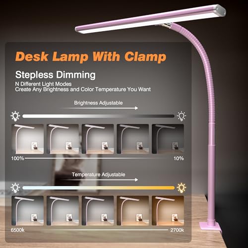 Image of Airlonv LED Desk Lamp for Office Home, Eye-Caring Desk Light with Stepless Dimming Adjustable Flexible Gooseneck, 10W USB Adapter Desk Lamp with Clamp for Reading, Study, Workbench (Pink)