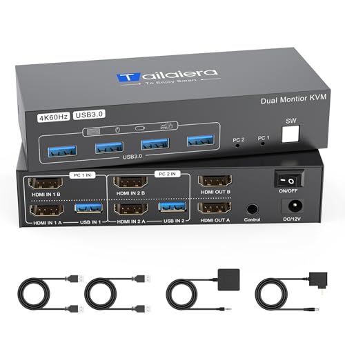 Image of 4K HDMI KVM Switch 2 Monitors 2 Computers Dual Monitor Support 4K@60Hz KVM Switcher PC Extended Display for 2 Port Share 4 USB 3.0 HUB Desktop Controller and 2 USB Cables Included