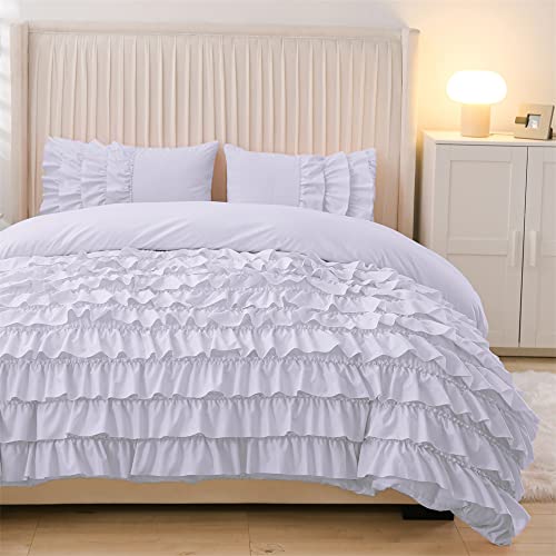 Holawakaka White Waterfall Ruffle Comforter Set Twin Size Multi-Layers Ruffled Shabby Chic 3Pcs Bedding Set For Girls Women #TOP26