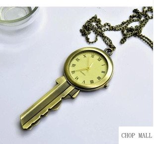 Chopmall(TM) Vintage Bronze Key Shape Pendant Necklace Watch
