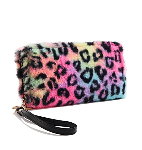 Women Fluffy Leopard Print Fluffy Wallet Bag Faux Fur Plush Tie Dye Rainbow Zipper Purse Coins Card Holder Organizer
