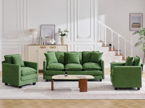 Image of Cloud 3 Pieces Sofa Set, 1+1+3 Seater Couch, Modern Sofas Sets with Deep Seat, Modular Sectional Couches Sets for Living Room, Bedroom, Small Apartment, Dark Green
